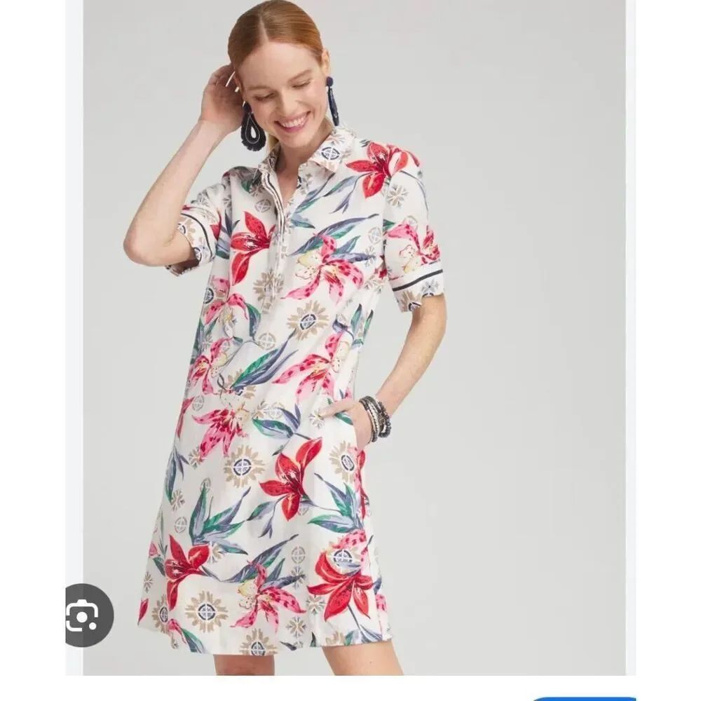 Chico’s Linen Floral Popover Shirt Dress sz 1 or M NWOT